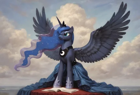 princess luna, feral alicorn, sky blue dress, score_9, score_8, lace, silk, spread wings, detailed