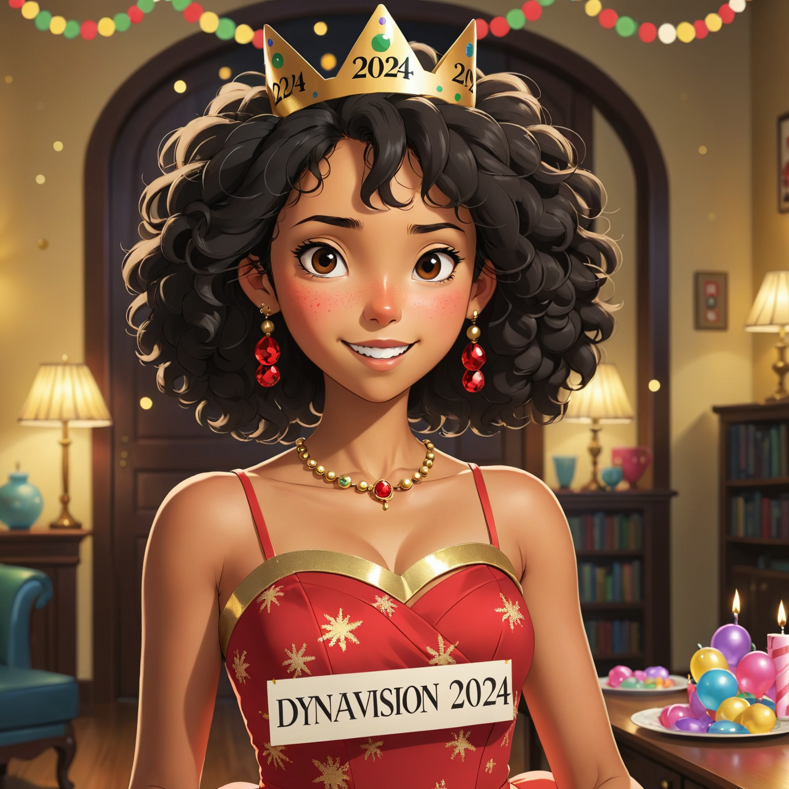 holding a sign with the text "DynaVision 2024" on it, a pretty biracial college woman with frizzy black hair and (freckles:0.6)  wearing a fun party crown, She's dressed like it's new years eve wearing a cocktail dress in red and gold, and the house is kind of messy, but empty. there are streamers and new years confections spread around the scene in the background, anime niji illustration Nightcore studio ghibli