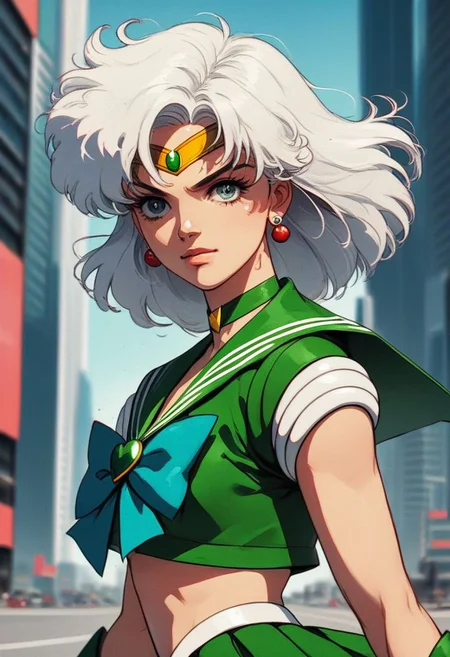 score_9, knva, halftone effect, 1girl, (solo), Quicksilver, green costume, white hair, super speed, running fast, magical girl, magical girl costume, ((daytime)), source_anime, city, New York, posing, sailor scout uniform, sailor senshi uniform, 2d, blurred background, bokeh,
