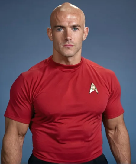 1boy, 20 year old male, Handsome, masculine, blonde, star trek, red shirt, muscle, tall, tight shirt, wide pectorals, big shoulders, wide shoulders, muscular neck, German, bald, big pale blue eyes, abs, biceps,
stunf, star trek uniform,