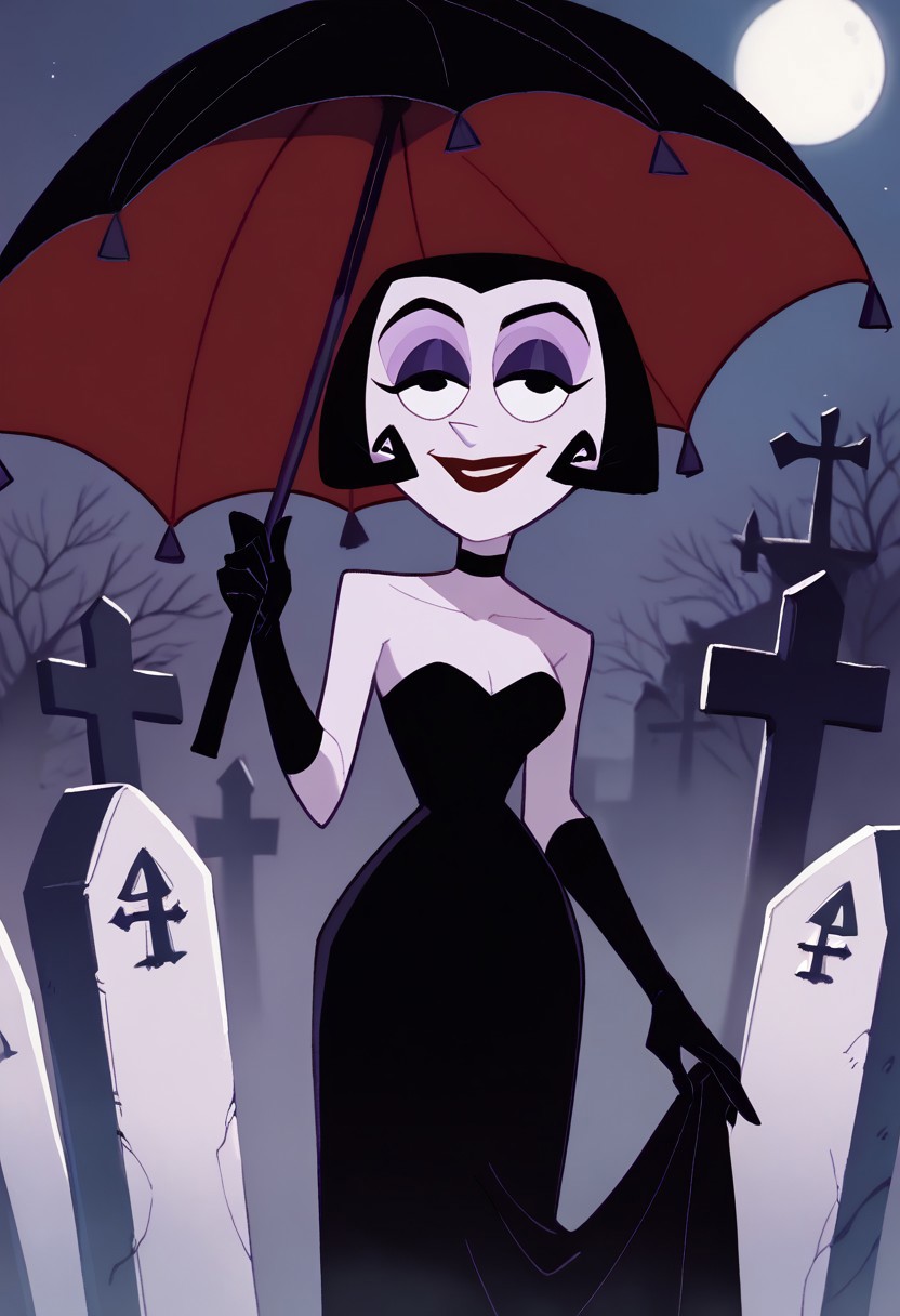 score_9, score_8_up, score_7_up BREAK MalariaG, 1girl, black hair, black eyes, pale skin, purple eyeshadow, red lipstick, black choker, long sleeveless black dress, long black gloves, holding black umbrella, smiling at graves, night cemetery background, graveyard outdoors,