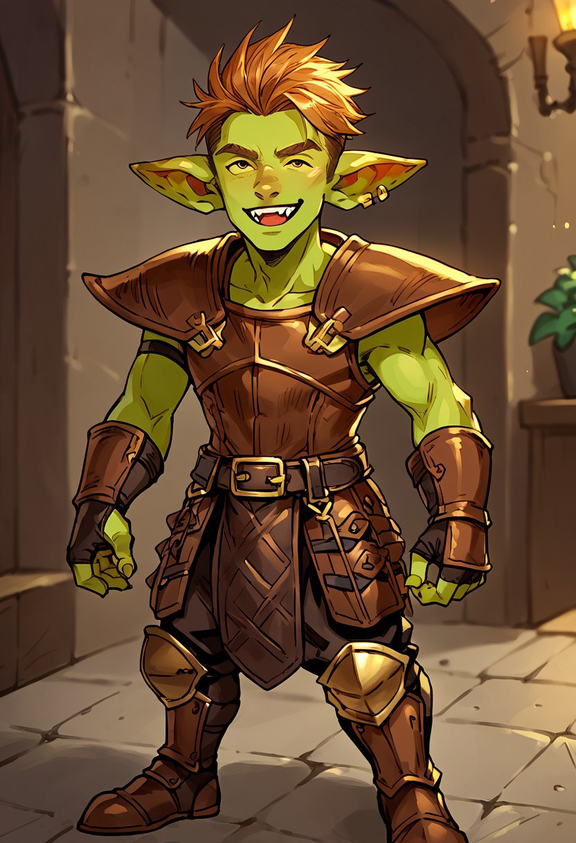 solo, male, short goblin with large head, green skin, small body, exaggerated goblin proportions, dangerous, character focus, leather armor, pants, indoors, open eyes, happy, adventurers guild, standing, depth of field, score_9, score_8_up, score_7_up, <lora:granblue_fantasy_v2:0.45> <lora:Expressive_H:1> PonyXL_NegScor
