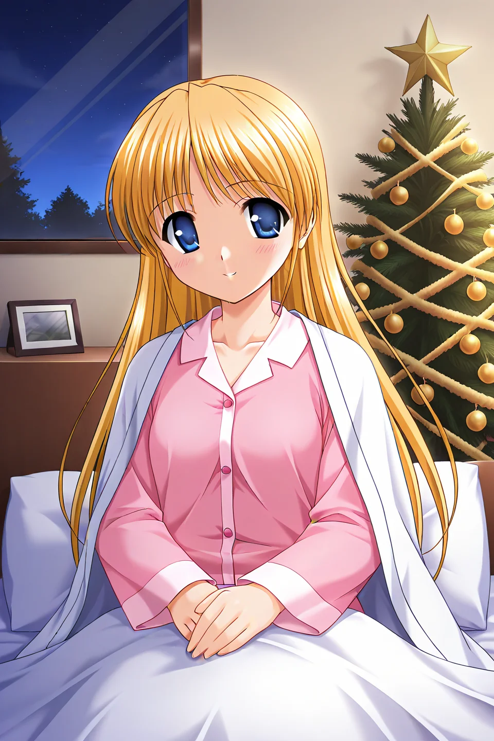masterpiece, best quality, absurdres, official art, official style, rating generael BREAK <lora:shibugakimatsuri_IL_v1-3:0.7>, shibugaki matsuri, 1girl, solo, blonde hair, blue eyes, very long hair, bangs, small breasts,
hair down, alternate hairstyle, pajamas, sleepwear, pink shirt, collared shirt, long sleeves, pink pants, yellow capelet, bed, blush, star \(symbol\), night, indoors, pillow, open mouth, looking at viewer, blanket, sitting, pink bow, on bed, upper body, tree, under covers, gift, very long hair, bed sheet, flower, buttons, pink pajamas, small breasts, flat chest, light smile, collarbone, decorated christmas tree, hospital room, under blanket, light particles, glowing christmas tree, dark