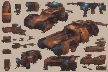 Metal texture, rusty, dirty, RPG game, sci-fi, cyberpunk, mega building, vehicle design, blueprint, advanced tech, secret project, postapocalyptic, dystopian, futuristic, character sheet, Cyberpunk 2077, highres, super detailed, 2k, 4k, 8k, 16k, game asset, transparent background, frontal view, side view
