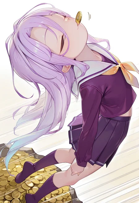 masterpiece, best quality, amazing quality, very aesthetic, absurdres, newest, 
yyqw7151_illu, Henreader, petite, thin, short girl,
shiro \(no game no life\), 1girl, solo, long hair, flat chested, closed eyes, purple shirt, white sailor collar, yellow neckerchief, purple skirt, pleated skirt, purple socks, no shoes, gold coin,
comical, jump, midair, coin in mouth, :3, arms at sides, speed lines, from above, twisted body, arched back, full body,
jump off cliff,