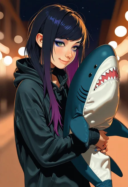 IllusP0s, s0larpunk, angled bangs, long hair, eyeliner, eyelashes, baggie hoodie, hugging stuffed shark, hug,, 1girl, solo, loving, smile, 1girl, solo, night,