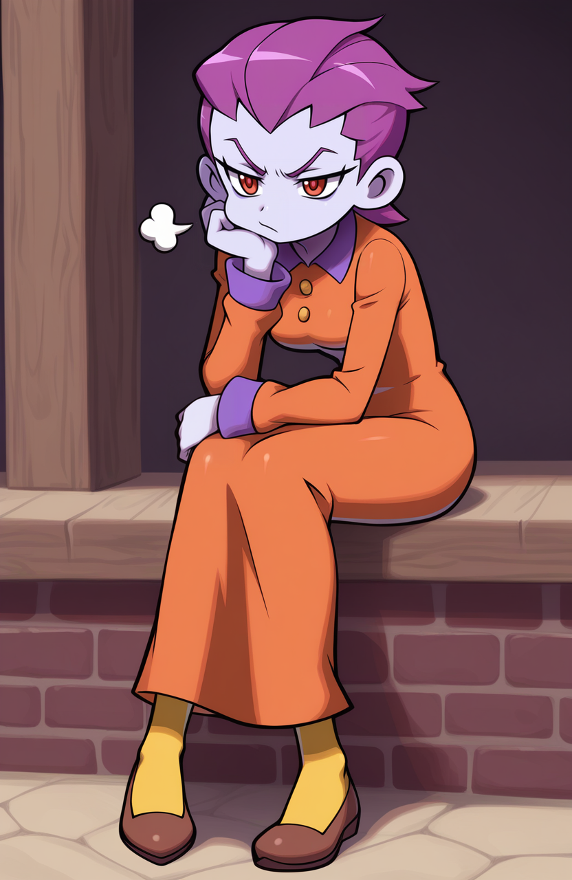 1girl, solo,  <lora:PiratesCurse:1> prtcrs,
risky boots, purple skin, purple hair, very short hair, hair slicked back, red eyes, orange dress, collared dress, mini, long sleeves, yellow pantyhose, brown flats,
sitting, head resting on hand, bored sigh, half-smile, annoyed attitude, extremely detailed, highres, masterpiece, best quality