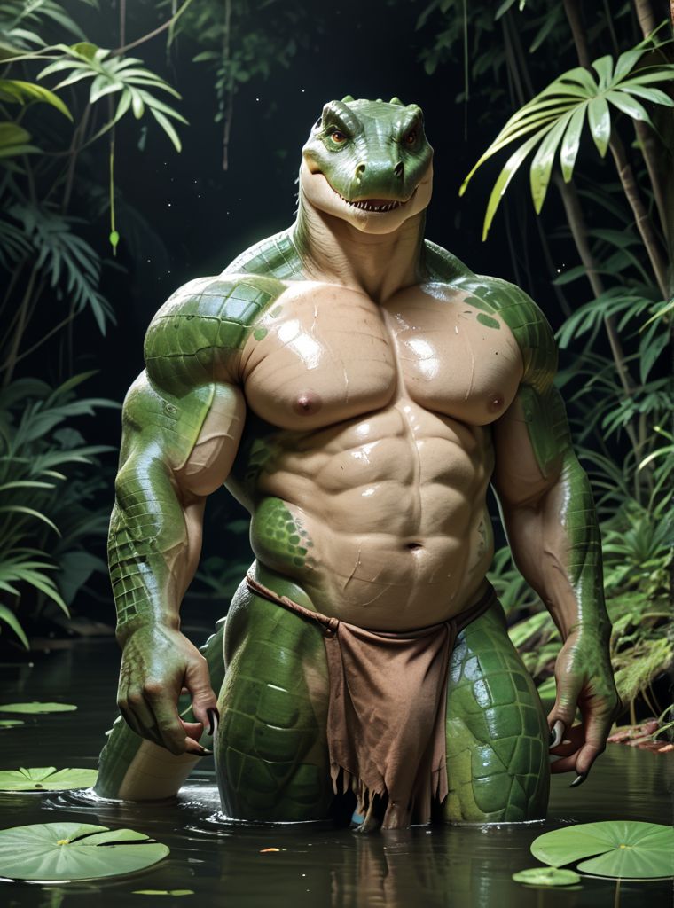 sweat drops, photography, standing, furry, muscle, saclie, smooth skin, ultra realism shading, anthro, green body, gator, photorealistic, nude, suggestive, huge pecs, tribal, warrior, biceps, loincloth, tiny small waist, hunk, swamp, white belly, tail, barazoku, dark, (black background:1.3), hand claws, water, jungle, mature, white belly,
 BREAK score_9_up,score_8_up,score_7_up,score_6_up,score_5_up,score_4_up,