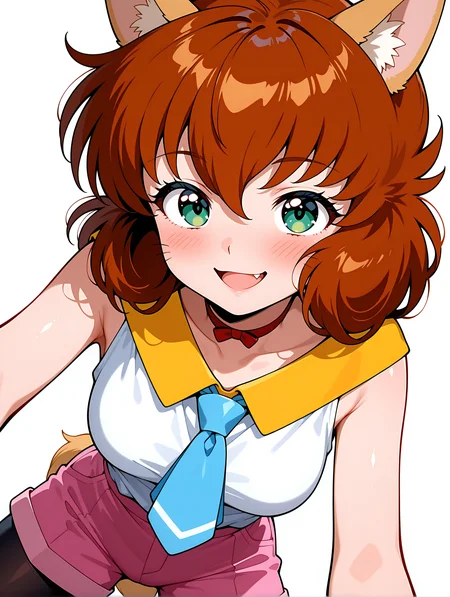 masterpiece,best quality,amazing quality,
1girl,solo,
<lora:koto_ilxl_v1.0:1>,koto,brown hair,green eyes,whiskers,fang out,
k_clothes,yellow collar,red ribbon choker,white sleeveless shirt,blue necktie,pink shorts,fox tail,black_pantyhose,<lora:Fixhands_anime_bdsqlsz_V1:1>,open mouth,smile,blush,simple background,white background,looking_at_viewer,retro artstyle,doggystyle,dynamic_angle,cinematic_angle,dutch angle,
