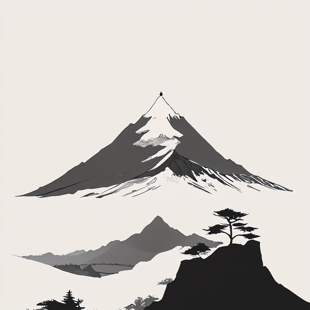 Minimalist Vector Art, ArsMJStyle, A black and white minimalist illustration of a mountain range with sharp, angular peaks. The background is a flat white, giving the mountains a dramatic, isolated feel. The overall mood is stark and majestic. mountains, landscape, silhouette, monochrome, greyscale, nature, simple background, white background. core_9, score_8_up, score_7_up, score_6_up, <lora:Minimalist_vector_artPony:1>