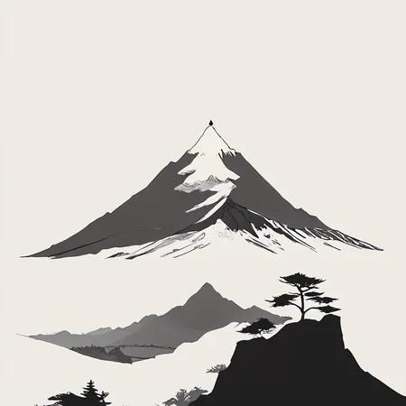 Minimalist Vector Art, ArsMJStyle, A black and white minimalist illustration of a mountain range with sharp, angular peaks. The background is a flat white, giving the mountains a dramatic, isolated feel. The overall mood is stark and majestic. mountains, landscape, silhouette, monochrome, greyscale, nature, simple background, white background. core_9, score_8_up, score_7_up, score_6_up, <lora:Minimalist_vector_artPony:1>