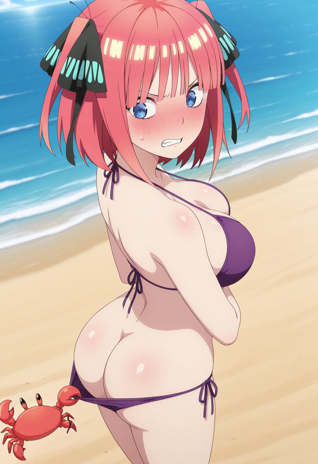 masterpiece,best quality,amazing quality,very aesthetic, absurdres, highres, newest, anime screencap, anime coloring,ocean, beach,(solo),
BREAK
looking back, blush, angry, embarrassed,, animal pulling clothes, crab pulling bikini, crab, pokemon (creature), bikini pull, ass, <lora:animal_pulling_clothes_illustrious:0.7>,  standing, <lora:nino-nakano-s2-illustriousxl-lora-nochekaiser:0.8> nino nakano, short hair, bangs, blue eyes, hair ornament, hair ribbon, pink hair, blunt bangs, two side up, butterfly hair ornament, large breasts, purple bikini,