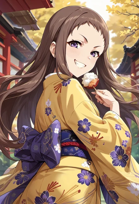 score_9, score_8_up, score_7_up, source_anime, koseki reina, brown hair, long hair, purple eyes, 1girl, solo, japanese clothes, smile, kimono, yellow kimono, grin, sash, food, obi, looking at viewer