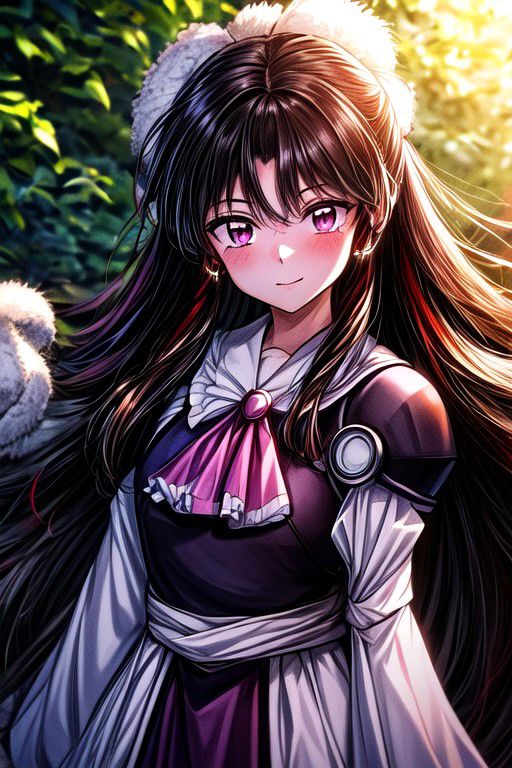 masterpiece,  best quality 1girl Setsun4 solo long hair,  (night time) forest background black hair very long hair purple eyes multicolored hair armor (fur trim) (medium body),<lora:EMS-179-EMS:0.800000>,<lora:EMS-293862-EMS:0.800000> bow, hair_bow, hair_tubes, red_bow, brown_hair, long_hair, bangs, sidelocks, ascot, brown_eyes, frilled_bow, yellow_ascot, blush, smile, hair_between_eyes