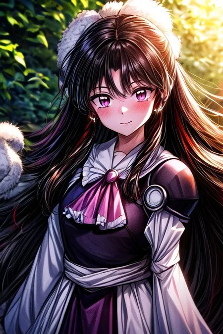 masterpiece, best quality 1girl Setsun4 solo long hair, (night time) forest background black hair very long hair purple eyes multicolored hair armor (fur trim) (medium body),<lora:EMS-179-EMS:0.800000>,<lora:EMS-293862-EMS:0.800000> bow, hair_bow, hair_tubes, red_bow, brown_hair, long_hair, bangs, sidelocks, ascot, brown_eyes, frilled_bow, yellow_ascot, blush, smile, hair_between_eyes