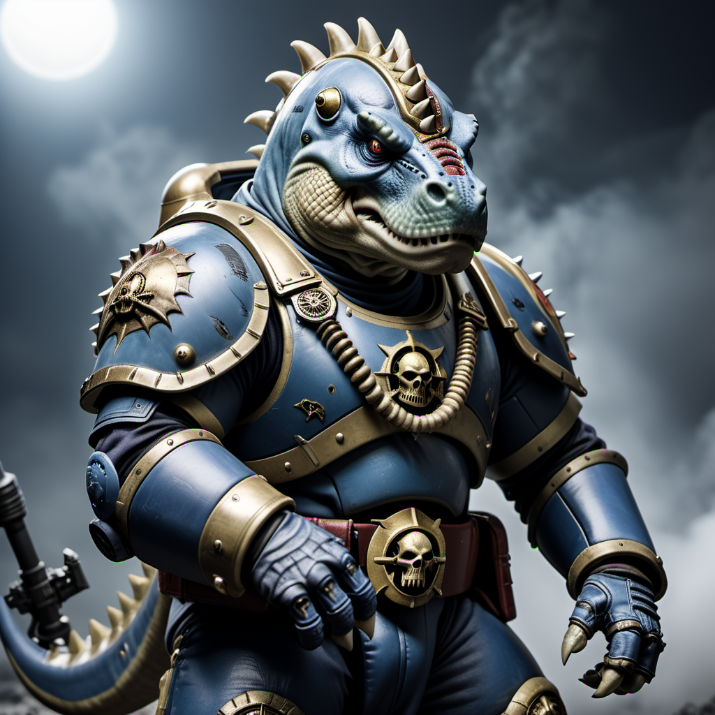 <lora:person_XL_chonkasaurus:0.5> photograph of (chonkasaurus:1),dressed as a space marine, ultra marine, in the style of warhammer 40k
