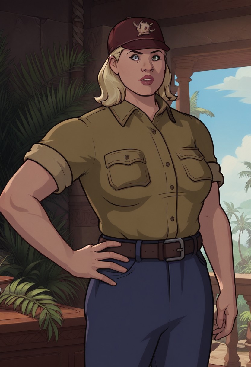 Score_9_up, score_8_up, score_7_up, BREAK  1girl, solo, pampoa, blonde hair, collared shirt, blue pants, belt, hat, tropical jungle, hand on hip