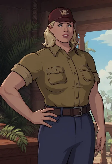 Score_9_up, score_8_up, score_7_up, BREAK 1girl, solo, pampoa, blonde hair, collared shirt, blue pants, belt, hat, tropical jungle, hand on hip