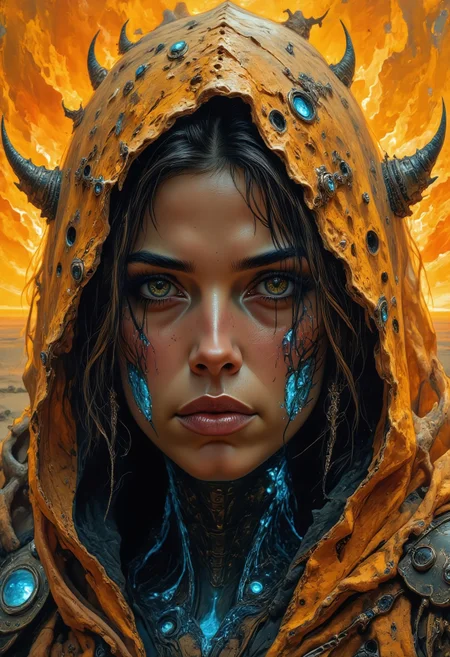 A captivating cinematic close-up of a mysterious, hooded figure set against a warm and muted desert landscape. The figure's dark burn-orange colored cloak is adorned with rugged fabric textures reminiscent of a home spun cloak, with hints of metallic elements interwoven in the fabric. Their intense, otherworldly expression is framed by a dusty transparent veil amplifying the gritty, dystopian atmosphere. The figure's eyes dimly glow with an eerie electric blue light, surrounded by intricate neon blue circuitry patterns visible below her skin that blend ancient and futuristic aesthetics. The background exudes a vibrant, desert-like ambiance, with the air of a forgotten, post-apocalyptic world. AbstractChaos style.