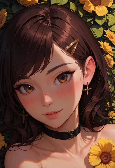 score_9_up, score_8_up, score_7_up, score_6_up, 1girl, 25 years old, perfect face, cute, petite,
detailed face, blush, shy smile, portrait, face focus, depth of field, looking at viewer, close up,
brown eyes,
brown hair, swept bangs, hair ornament, hairclip, black choker,
strapless, yellow tube top,
earrings,
dynamic pose, dynamic angle,
garden, yellow flowers,