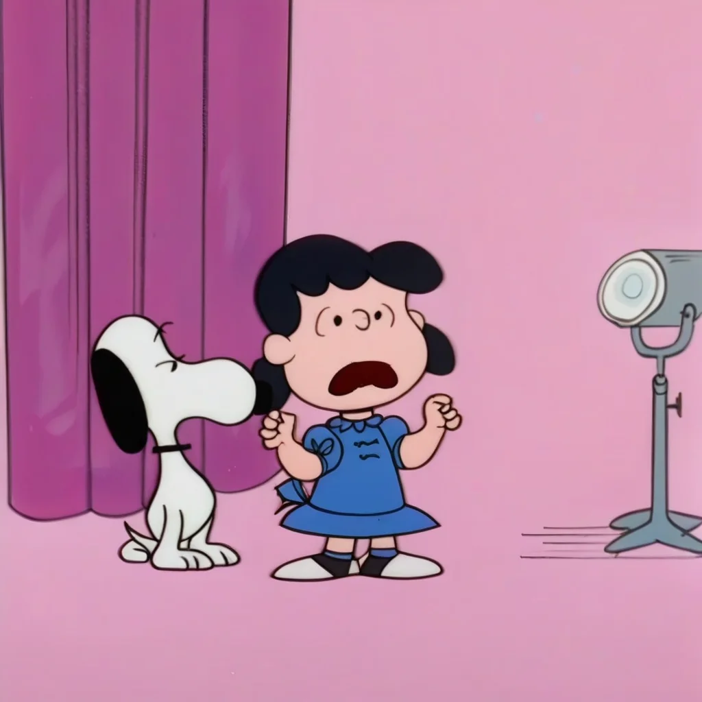 PeanutsStyle, traditional media, retro artstyle, 2D, round heads, 1girl, dog, blue dress, black hair, curtains, pink background, open mouth, short twintails, standing