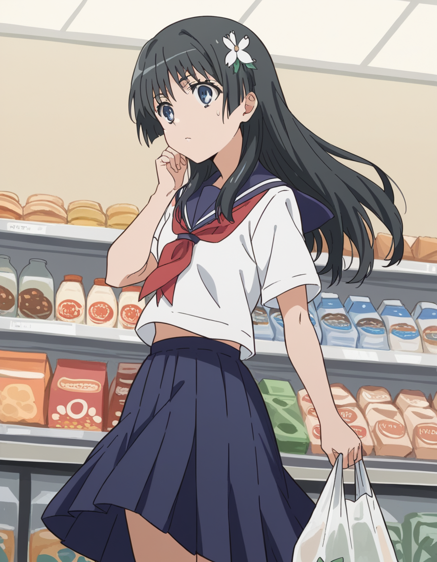 score_9, score_8_up, score_7_up, source_anime, <lora:saten-ruiko-s3-ponyxl-lora-nochekaiser:1>, saten ruiko, black hair, blue eyes, long hair, hair ornament, flower ornament,, blue skirt, pleated skirt, sakugawa school uniform, school uniform, serafuku, skirt, summer uniform,, grocery store, cashier, shopping bag, scanning items, small talk, everyday routine, , , elbow up, foot forward, hand on chin, solo,, cowboy shot, dutch angle