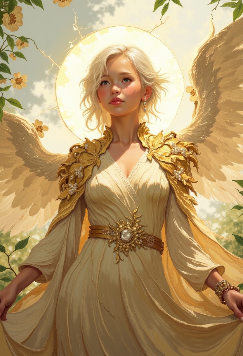 A regal head-and-shoulders portrait of a woman standing amidst an ethereal and luminous setting. Her platinum blonde hair is intricately styled into an elegant updo, with loose curls cascading gracefully down her shoulders. She is adorned in a flowing golden-white gown with delicate pleats and lace accents, cinched at the waist with a finely detailed belt. Her ornate golden mantle, shaped like a blooming flower, frames her upper body, evoking a divine, celestial presence. The background is a swirling mix of misty whites, warm golds, and faint greens, dotted with subtle hints of organic elements like vines and blooming flowers. Her serene expression, highlighted by soft pink lips and glowing skin, conveys grace and wisdom. Golden light radiates around her like a halo, further enhancing the divine atmosphere. The scene feels like a moment frozen in time, capturing beauty, power, and tranquility.
