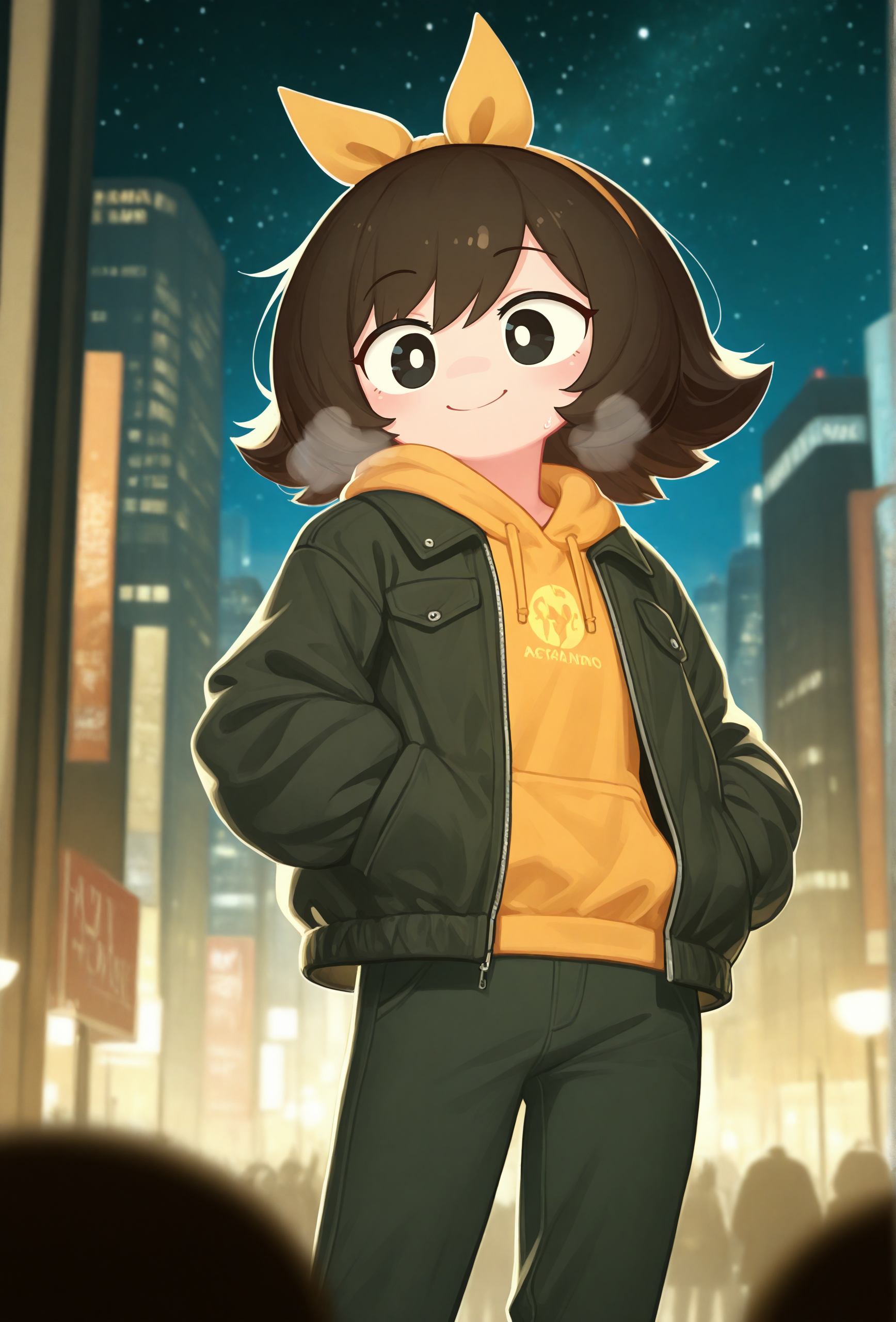 masterpiece,best quality,amazing quality, <lora:marigold_cabronpr_noob_v1.1f:0.75> marigold, 1girl, solo, hairbow, no nose, black eyes, smile, BREAK
(blurry background, blurry foreground, depth of field:1.3), city, night, starry sky, jacket, pants, breath <lora:menthak0_style_illustrious_v1f:0.7> mk0style, <lora:antifreez3_style_illustrious_v1f:0.7> afz3style