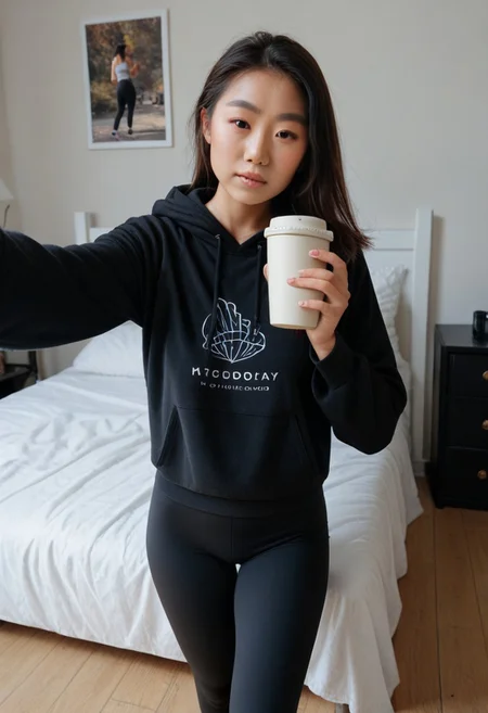 <lora:model_asian_nobody_pxl:1> score_9, score_8_up, score_7_up, score_6_up, score_5_up, score_4_up, realistic, 1girl, holding coffee, morning, hoodie, yoga pants, breasts, backseat, selfie, leather seating, luxury