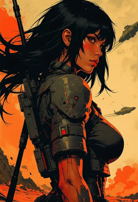 in the style of ck-mgs, nistyle, Inkplash art on rice paper, sepia, henna, Silhouette Art, magnificent, inksplash, closeup portrait, female bounty hunter, flowing black hair, reflective black and neon red armor, futuristic armor, sexy, curvy, large breasts, large ass, a rifle strapped to her back, holstered pistol, holding hand up, abstract background suggesting a harsh desert world, Spaceships flying overhead, dust storm, windy, 
Cowboy Shot, close up,