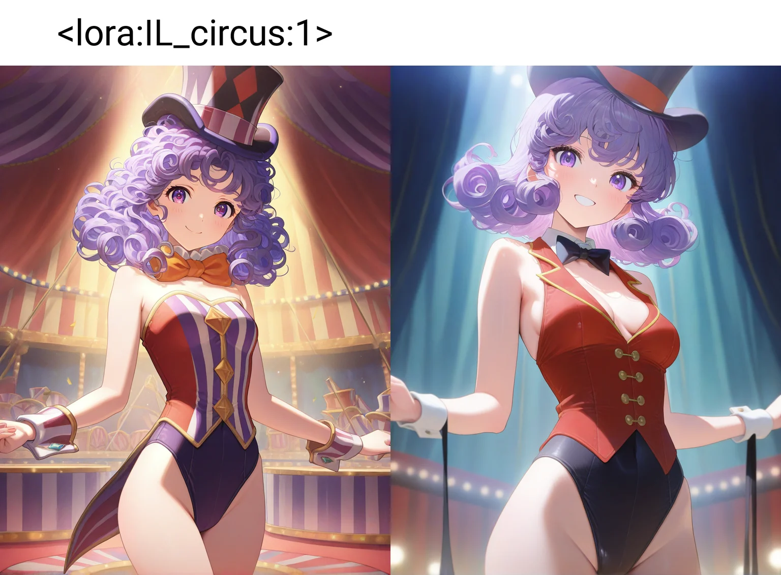masterpiece,best quality,higres illustration,detailed face,1girl,<lora:IL_circus:1>,circus,smile,leotard,smile,top hat,purple hair,curly hair,boxes,solo