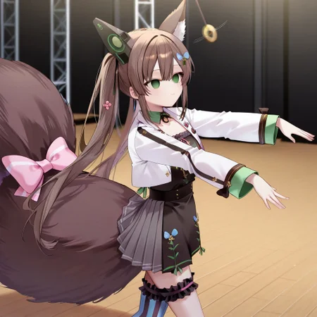 highres, masterpiece, best quality, very aesthetic, absurdres, (empty eyes), hypnosis, mind control1girl, chigusa hana, solo, virtual youtuber, long hair, brown hair, twintails, animal ears, hair between eyes, green eyes, hair ornament, cropped jacket, long sleeves, white jacket, collar, flower, black dress, pleated skirt, large tail, bridal garter, striped, single thighhigh, asymmetrical legwear, tail bow, (zombi3_wa1k, outstretched_arms, walking,), stage, wood floor, cowboy shot, expressionless, from side,