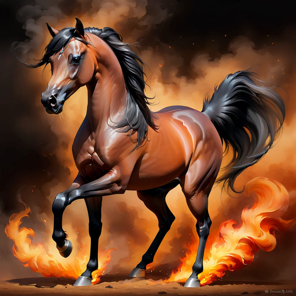 arabian horse, bay, black mane and tail, standing, full body, fire, smoke, digital painting <lora:Horse_Breeds-000012:1>