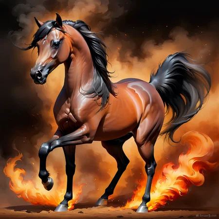 arabian horse, bay, black mane and tail, standing, full body, fire, smoke, digital painting <lora:Horse_Breeds-000012:1>