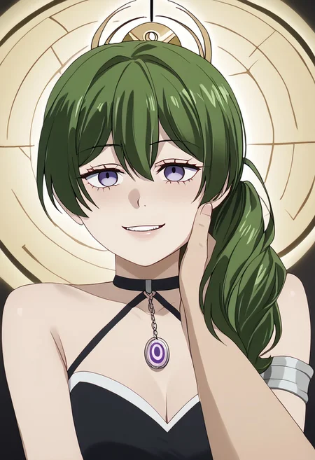 Ubel being hypnotized,
score_9, source anime, lewd, 1girl,
mind control, hypnotized, blank stare, half lidded eyes, expressionless, slack jaw, (hypnotic pendulum in face), drooling, small smile, empty eyes, no pupils,
cheek pinching, pov hands, ((pov holding pendulum)), coin on a string,
ubel, green hair, bangs, hair between eyes, side ponytail, purple eyes,