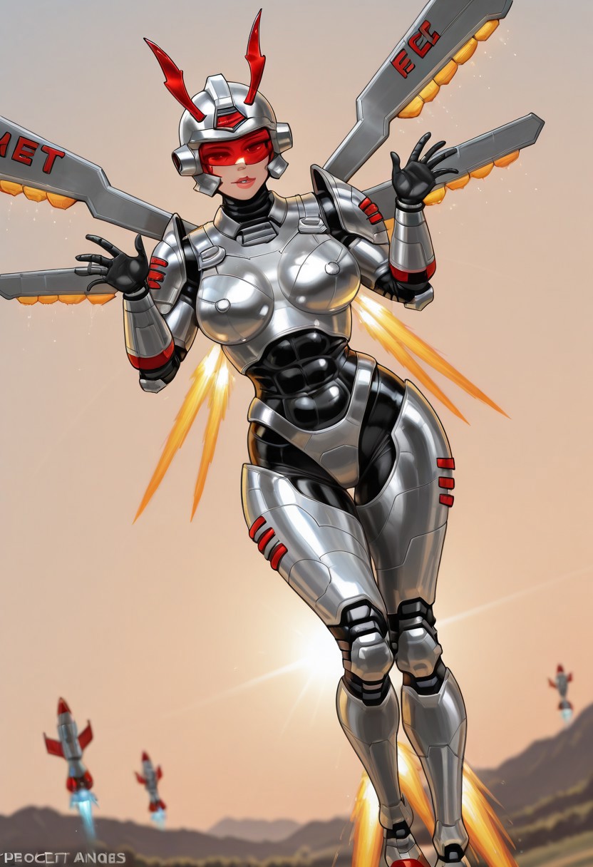 RocketAngelRA, 1girl, solo, mecha musume, mecha, robot, silver armor, red inserts, helmet, red visor, full lips, large breast, breastplate, pauldrons, mechanical wings, rocket engine, flying, antennae, jet engine, bracers, boots, gloves,
masterpiece, best quality, fine details, intricate details, depth of field, subsurface scattering, bokeh,
 ultra-detailed, very aesthetic, detailed background, newest, scenery, highres, absurdres, colorful, vibrant, glowing, perfect face, 2d, perfect eyes,  vibrant saturated colors, volumetric lighting, sharp, detailed eyes, perfect anatomy,  perfect face, perfect eyes, mature body, clear eyes, beautiful eyes, athletic, curvy body, athletic girl, perky tits, perfect tits, round breasts, pinup pose, teasing, lustful expression, perfect hands, 
muscular female, dutch angle,  dynamic pose,
,Smooth Negative, Smooth_Quality,