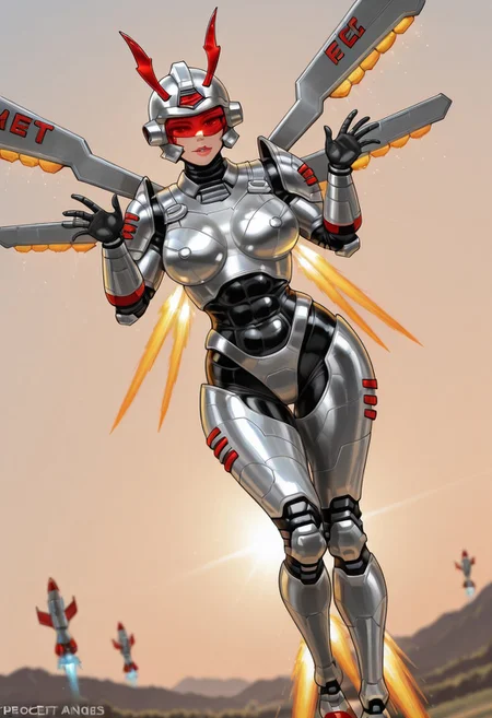 RocketAngelRA, 1girl, solo, mecha musume, mecha, robot, silver armor, red inserts, helmet, red visor, full lips, large breast, breastplate, pauldrons, mechanical wings, rocket engine, flying, antennae, jet engine, bracers, boots, gloves,
masterpiece, best quality, fine details, intricate details, depth of field, subsurface scattering, bokeh,
 ultra-detailed, very aesthetic, detailed background, newest, scenery, highres, absurdres, colorful, vibrant, glowing, perfect face, 2d, perfect eyes,  vibrant saturated colors, volumetric lighting, sharp, detailed eyes, perfect anatomy,  perfect face, perfect eyes, mature body, clear eyes, beautiful eyes, athletic, curvy body, athletic girl, perky tits, perfect tits, round breasts, pinup pose, teasing, lustful expression, perfect hands, 
muscular female, dutch angle,  dynamic pose,
,Smooth Negative, Smooth_Quality,