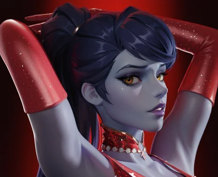 masterpiece, best quality, amazing quality, highres, absurdres, intricate detail, 3d, realistic, detailed skin, <lora:CakiiBB_style_ILLUS-000008:1> , widowmaker \(overwatch\), red dress, sparkling dress, elbow gloves, red gloves, portrait, from side, looking at viewer, parted lips, (swept bangs:1.3), sidelocks, long hair, bare shoulders, sleeveless, chin up, arms behind head, choker