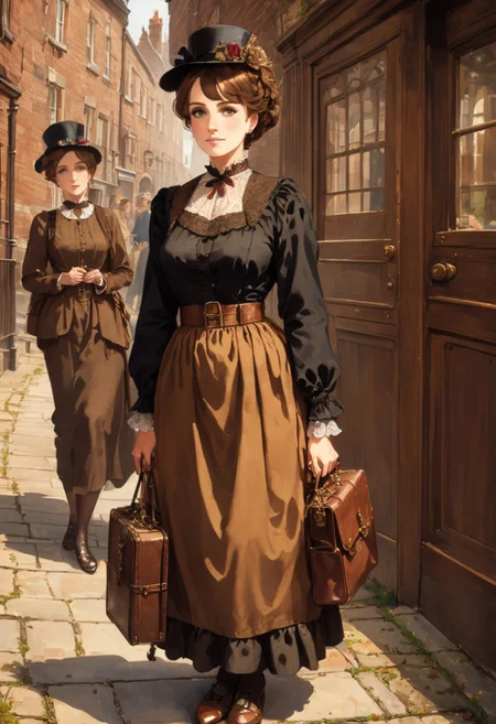 ultra highres, extremely detailed, cinematic lighting, 1girl, bag, belt, black dress, brown hair, dress, earrings, hair bun, handbag, hat, holding, holding bag, jewelry, long sleeves, looking at viewer, maid headdress, multiple girls, pouch, short hair, smile, stairs, standing, suitcase, vintage, victorian england, retro style, antique, elegance