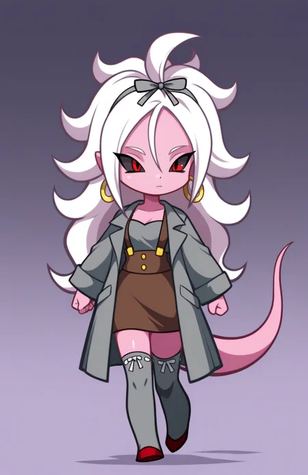 1girl, solo, full body,
android 21, pink skin, colored skin, white hair, tail, black sclera, red eyes , grey long coat, brown suspender skirt, grey ribbon-trimmed thighhighs, red flats,
<lora:ShantaeChibi:1> shntchibi, petite, chibi, walking, extremely detailed, highres, masterpiece, best quality