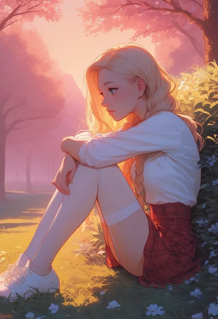 masterpiece, score_9,score_8_up, score_7_up, score_6_up, (pastel colors, high contrast,expressiveh), solo focus, 18 year old girl, blonde hair, (twin braids:1.2), long hair, red plaid skirt, white shirt, blue eyes, mascara, white thigh highs, garter straps, posing, large chest, petite, sitting on grass, hugging own legs, knees to chest, looking away, watching sunset in park, green trees in background, sunset, warm light from side