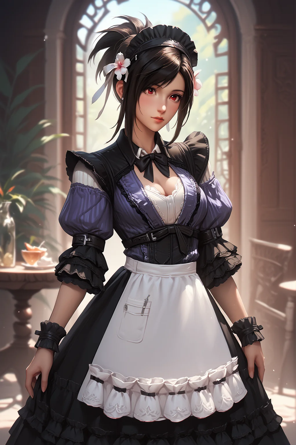 score_9, score_8_up, score_7_up, score_6_up, score_5_up, score_4_up,anime source
,1girl,tifa lockhart, short hair, hair flower, ponytail,
maid(FF14), maid, frilled dress, frilled sleeves,juliet sleeves, wrist cuffs, apron,<lora:Glamour(tifa)XLPony:1>,<lora:FF14MaidXLPony:1>
