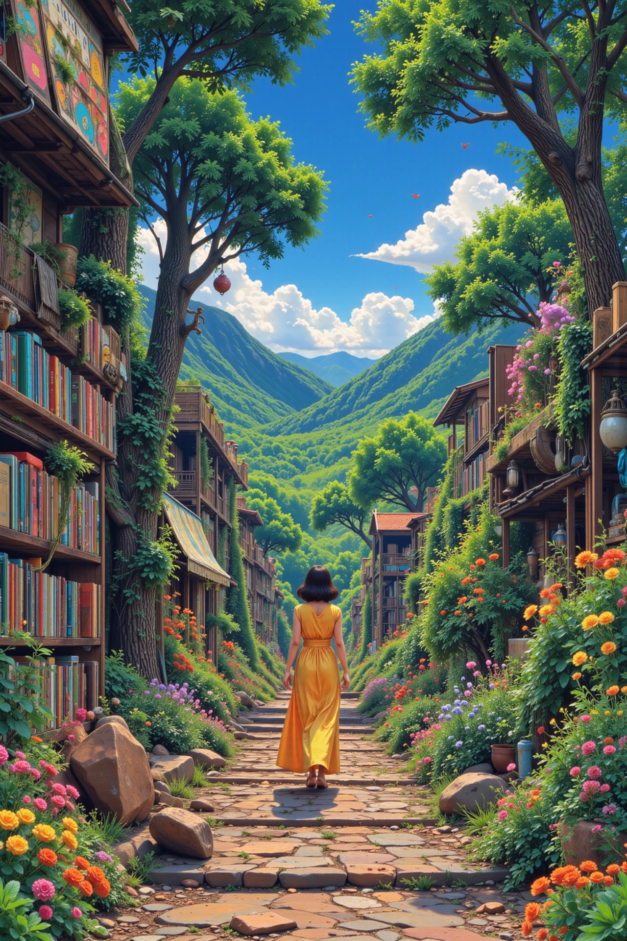 a record store beautiful  landscape, day, woman, very intricate, very detailed, sharp, bright, colorful, <lora:Hand v2:0.5> <lora:Anti-Blur:1><lora:Insane Detail Slider:0.25>  <lora:flux.1_lora_flyway_Epic-detail_v2:0.3> <lora:fluxenhancer:0.25> <lora:90s-anime:1> retro anime, 77oussam 90s, studio ghibli style, 1990s anime