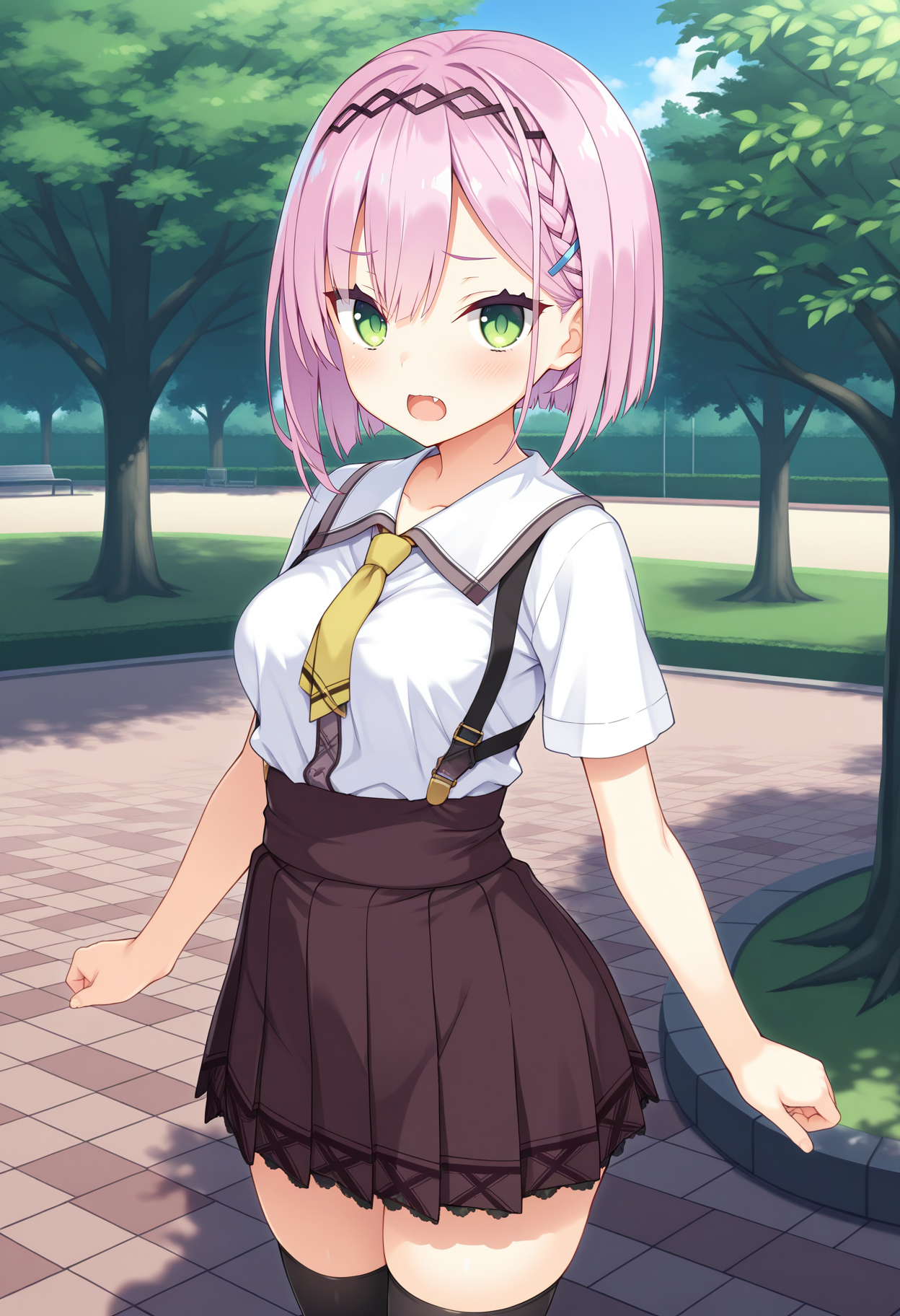 1girl, aaamane, pink hair, short hair, braid, hairband, hair ornament, hairclip, green eyes, fang, breasts, school uniform, yellow necktie, white shirt, short sleeves, suspender skirt, brown skirt, black thighhighs, <lora:tanikaze_amane_ilxl_v1:0.9>, standing, cowboy shot, outdoors, park,
masterpiece, best quality, amazing quality,