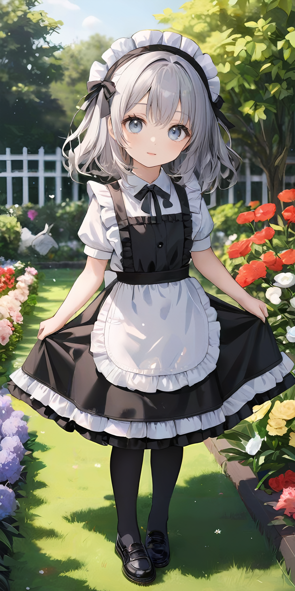 masterpiece,ultra-detailed,best quality,8K,illustration,ultra detailed face,cute face,clean skin ,shiny hair,girl,ultra-detailed-eyes, flower,garden,<lora:add-detail-xl:1>,cowboy shot, 
 <lora:maid_XL_V1.0:0.7> jyojifuku, frills, apron,thigghhighs,shoes,black dress