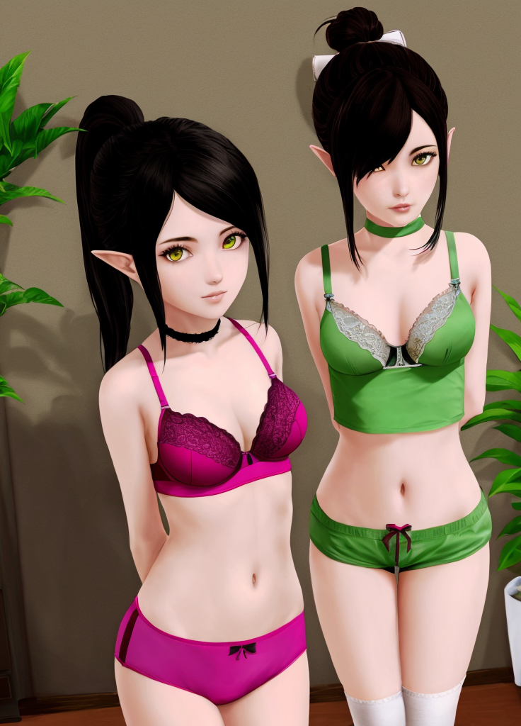Harem_Hotel_Lin, multiple girls, black hair, thighhighs, bow, navel, 2girls, medium breasts, underwear, green eyes, panties, yellow eyes, ponytail, shorts, choker, pointy ears, midriff, hair bun, bra, hair over one eye, short shorts, arms behind back, underwear only, lingerie, plant, gym uniform, pink bra, potted plant,  <lora:Harem_Hotel_Lin-05:0.6>,