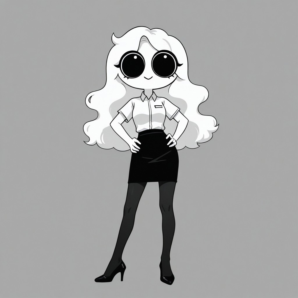 Xiaro, 1girl, solo, monochrome, big eyes, long wavy white hair, white short-sleeved office shirt, black skirt, black pantyhose, black heels
Xiaro smiling with her hands on her hips
 cartoon, simple, minimalist, plain style