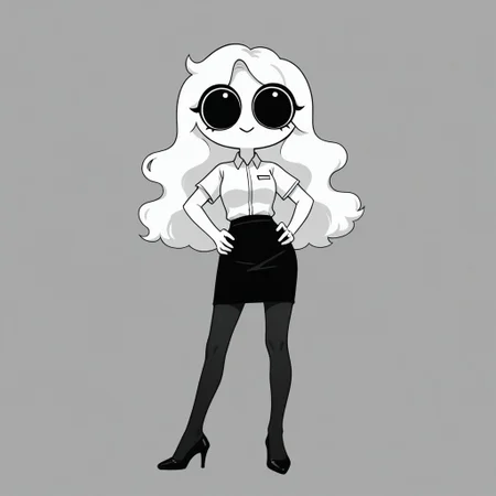 Xiaro, 1girl, solo, monochrome, big eyes, long wavy white hair, white short-sleeved office shirt, black skirt, black pantyhose, black heels
Xiaro smiling with her hands on her hips
 cartoon, simple, minimalist, plain style