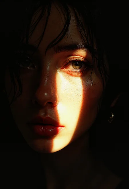 80's girl ,cinematic 8mm film style, cinematic, 1980's, Kodak 250D,
Central composition: A woman’s face dominates the frame, illuminated by a stark, dramatic flash of light that carves her features from the darkness, her tear-filled eyes glistening with hyperreal foveal sharpness, reflecting a profound melancholy and unspoken longing, her subtly downturned mouth trembling with restrained grief. Foreground: The light etches every detail—moist tears clinging to her lashes, the delicate texture of her pale ivory skin faintly flushed with sorrow, contrasted by deep charcoal shadows pooling beneath her eyes. Midground: Delicate strands of hair drift across her face, catching the blinding light and casting intricate, elongated shadows that ripple over her skin, their velvety edges softening the harsh dichotomy of illumination and abyss. Background: An impenetrable void of absolute blackness swallows the frame’s edges, intensifying her isolation, with subtle hints of desaturated violet bleeding into the shadows, amplifying the melancholic weight. The air feels heavy with the faint scent of rain and a distant, mournful sigh, her face a frozen moment of heart-wrenching beauty revealed in extreme chiaroscuro. Rendered in 8K ultra-HD resolution with cinematic tonemapping, inspired by Caravaggio’s stark contrasts fused with modern digital precision.