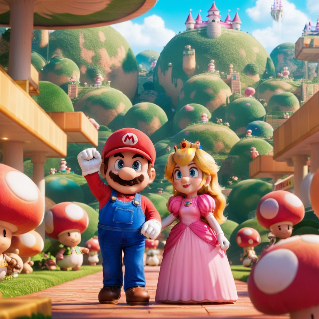 cinematic photo  mario and princess peach, cute fantaisy world <lora:Mario1024-000200:0.8> . 35mm photograph, film, bokeh, professional, 4k, highly detailed